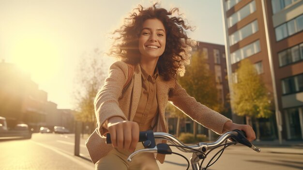 Foto giovane donna gioiosa in bicicletta per andare al lavoro in una mattina soleggiata che incarna l'ecologia e la salute