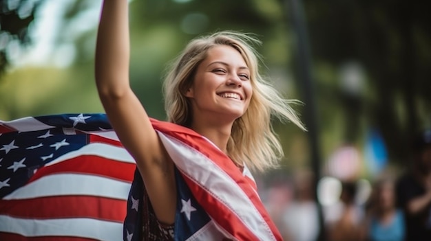 젊은 즐거운 여자 어깨 미국 국기 경례 축하