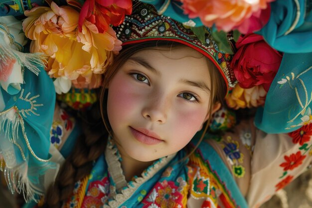 A young Kazakh girl dressed in vibrant traditional attire