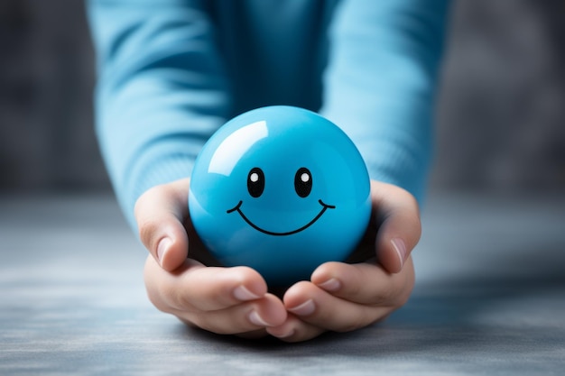 young kid holding both hands on a blue smiley
