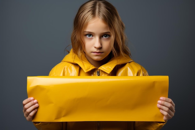 Foto giovane ragazzo che tiene entrambe le mani su un cartello giallo