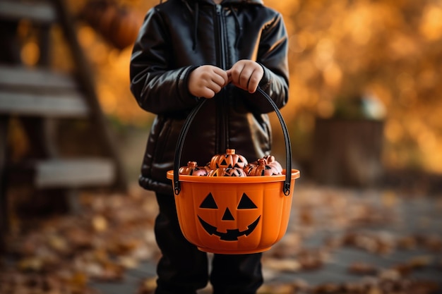 Молодой мальчик собирает конфеты на Хэллоуин на улице.