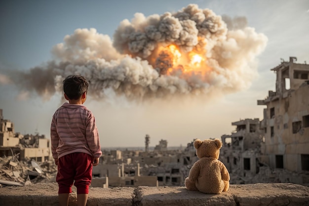 Young kid with his toy stand front of his destroyed home at war