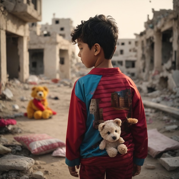 Маленький ребенок со своей игрушкой стоит перед разрушенным домом во время войны