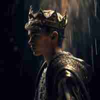 Photo young king or prince boy wearing a crown on a dark background