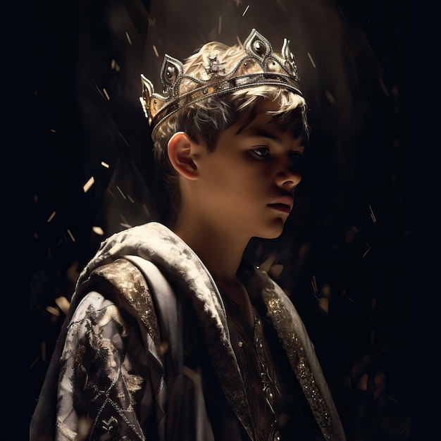 Photo young king or prince boy wearing a crown on a dark background