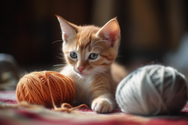 Young kitten playing with ball of yarn created with generative ai