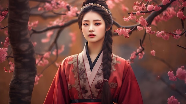 A young korean girl in a traditional dress standing amidst wild cherry blossoms, ai-generated