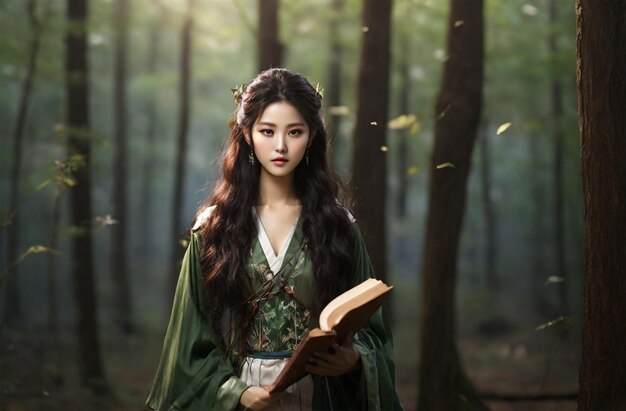 Photo young korean girl with a unique green dress holding a book in the forest