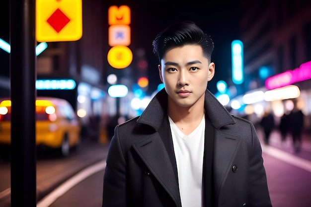 A young Korean man in stylish clothes stands on the night street of a big city in neon lights
