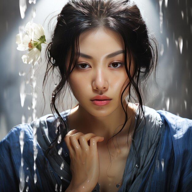 A young Korean woman in a bathrobe with flowers in her hair in the rain Generative AI