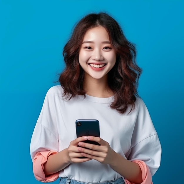 Young Korean woman Hold your mobile phone