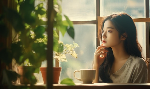 Photo a young korean woman watching the window glass