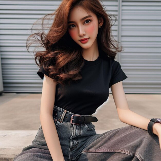 A young lady in a black t shirt and jeans 3