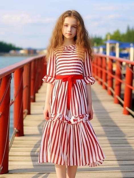 Photo young lady child years old is standing near a wooden bridg