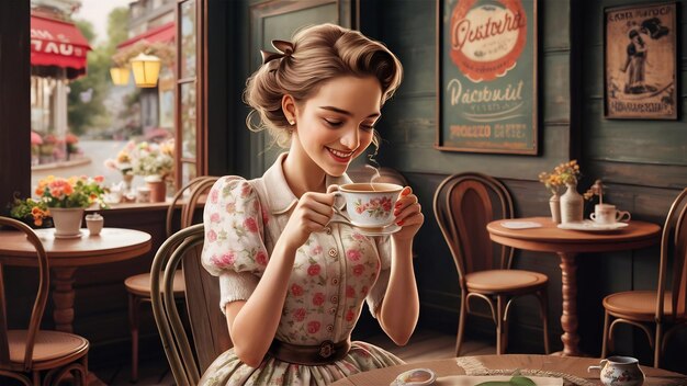 Young lady drinking tea in a cafe