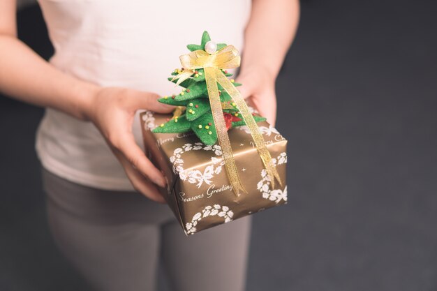 A young lady holding a Christmas gift in hands.