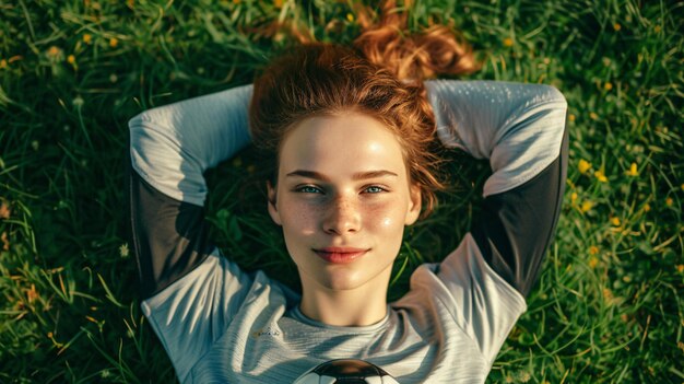 A young lady holding a sphere reclines on the turf She is an enthusiast of soccer