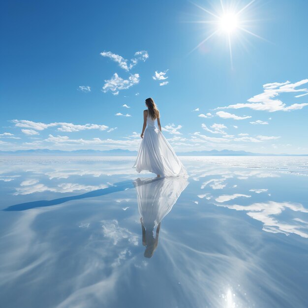 Photo a young lady is standing on a salt lake and her reflection in the water generative ai