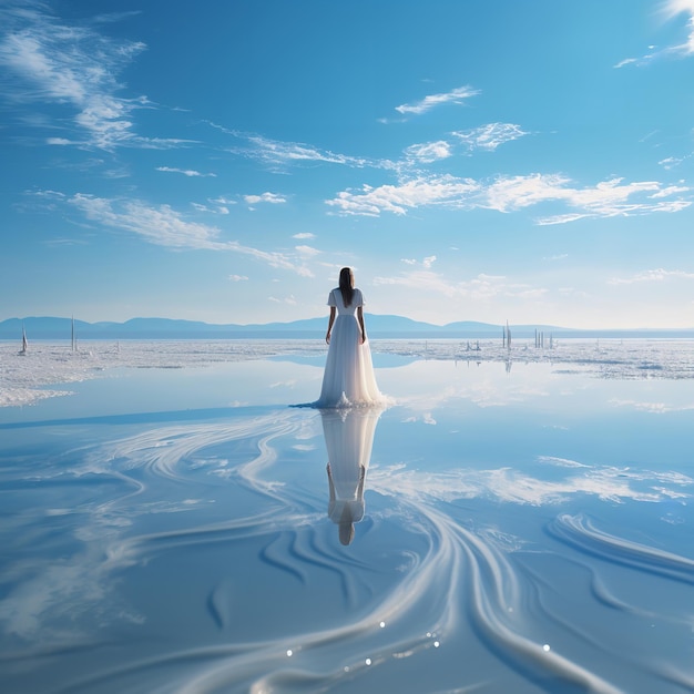 Foto una giovane signora è in piedi su un lago salato e il suo riflesso nell'acqua generative ai