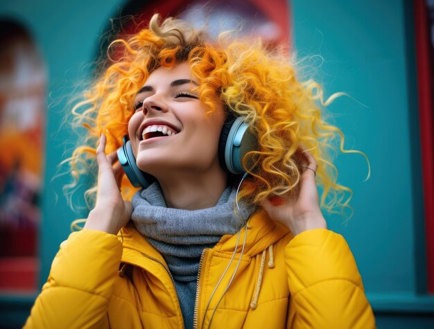 Photo a young lady posing with headphones in blue background