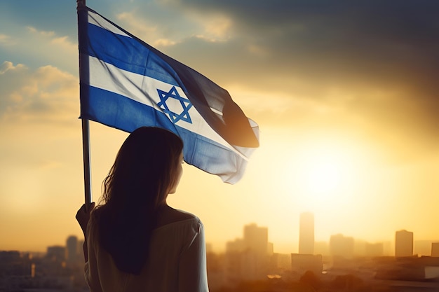 A young lady proudly displays the Israeli flag in her hands