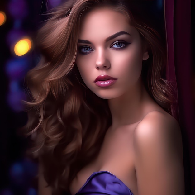 紫色のドレスを着た若い女性、青い目、甘い表情、赤い唇、グラマー写真