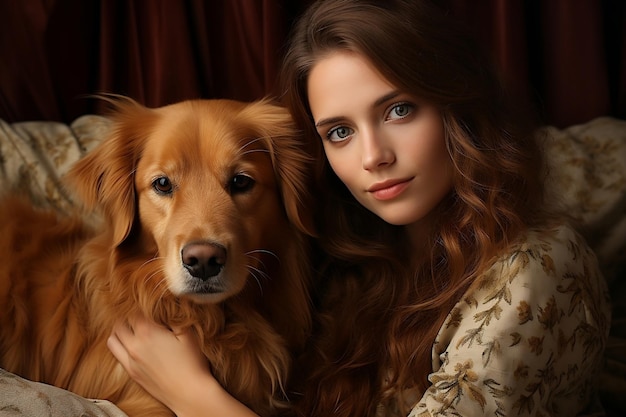 A Young Lady Relaxing with Her Golden Retriever dog on the Living Room Couch Generative AI