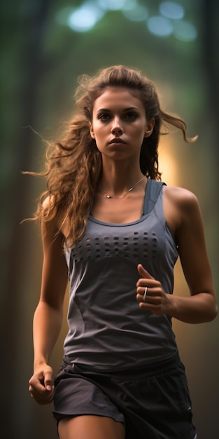 Young lady running on a rural road during sunset