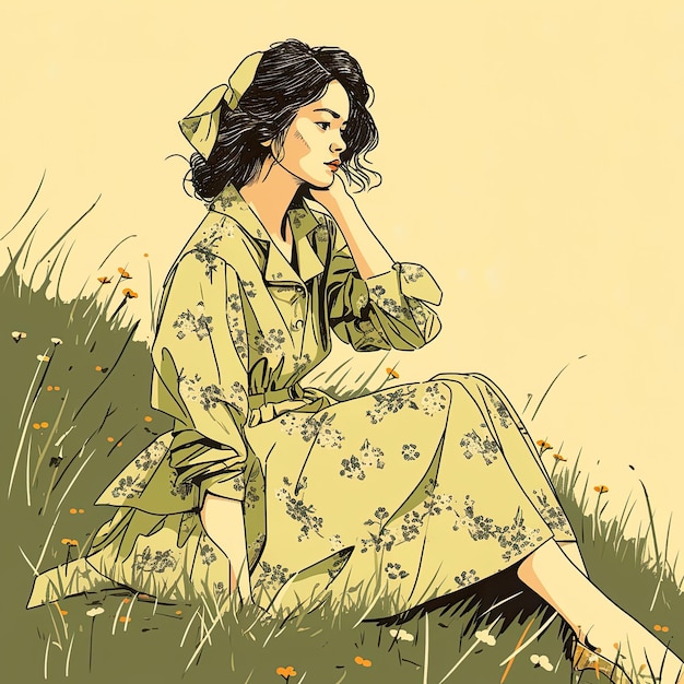 young lady sitting on grass in vintage dress in the style of expressionism