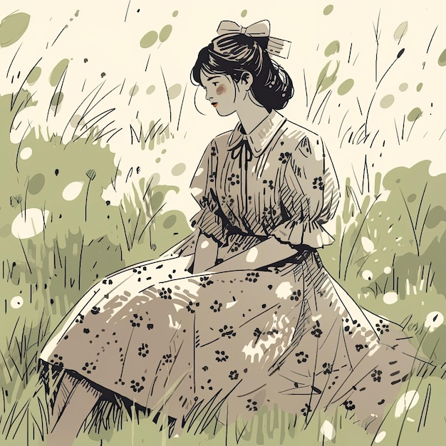 young lady sitting on grass in vintage dress in the style of expressionism