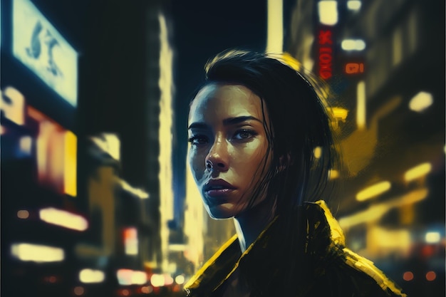 Young lady standing in nighttime city Fantasy concept Illustration painting Generative AI