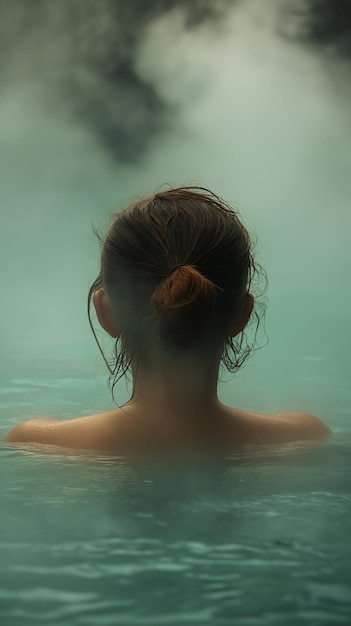 A young lady takes pleasure in a bath of natural thermal watersxA
