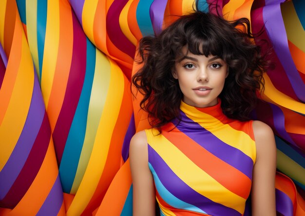 Young lady wearing striped clothing over a striped background