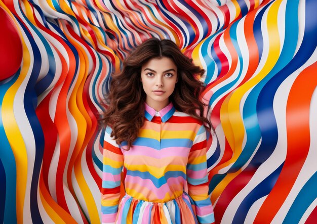 Young lady wearing striped clothing over a striped background