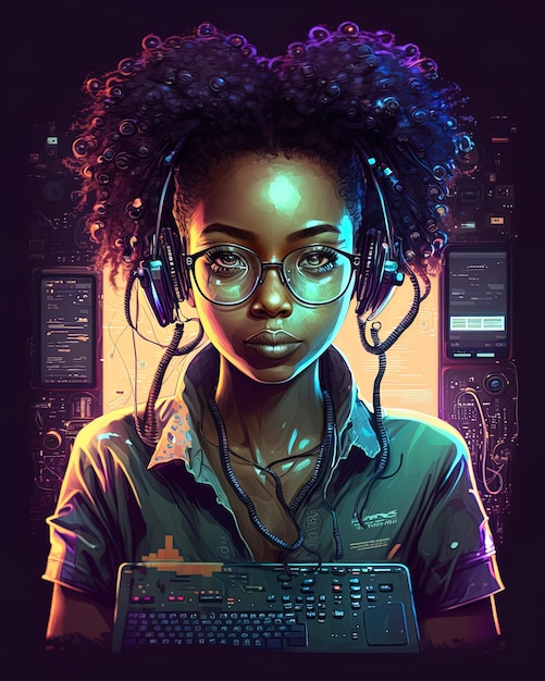 Young lady with natural hair style and technology background