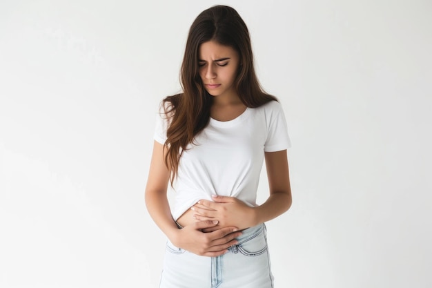 Young lady with tummy ache empty space isolated