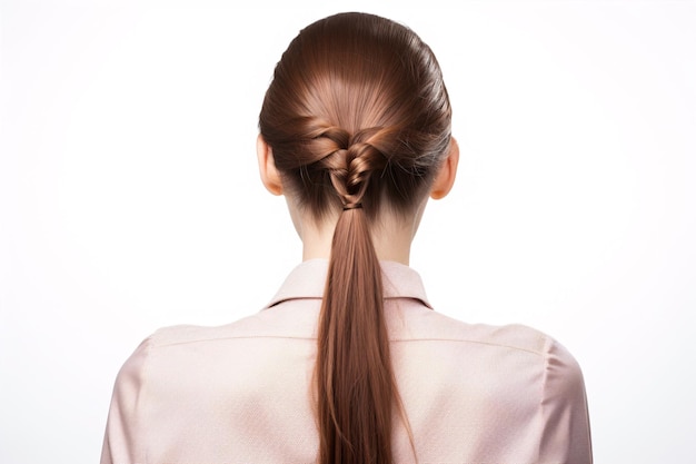 A young lady with various ponytails stands apart on a white backdrop