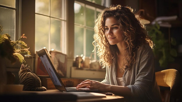 Молодая леди работает на своем ноутбуке дома рядом с окном с кошкой на столе Генеративный ИИ