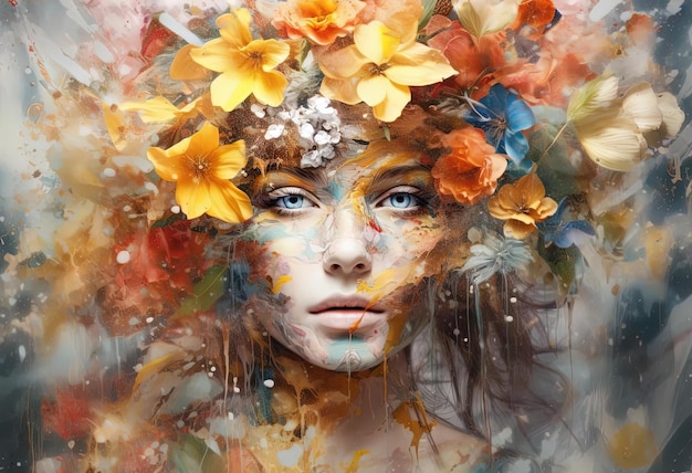 a young ladys face is covered in flowers in the style of realistic color palette