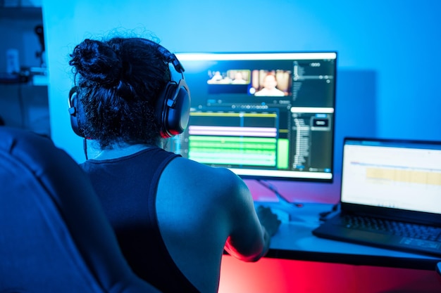 Young latin american using the computer at night editing videos\
and exporting audiovisual pieces