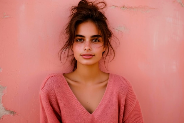 Photo a young latin female wearing a peach sweater she has perfect skin and captivating large eyes