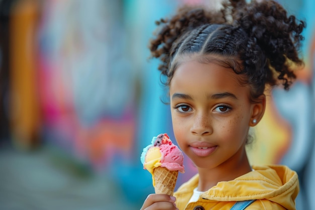 Foto giovane ragazza latina che si gode un colorato cono di gelato in una luminosa giornata di sole