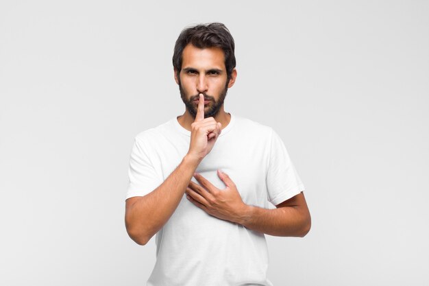 Young latin handsome man looking serious and cross with finger pressed to lips demanding silence or quiet, keeping a secret