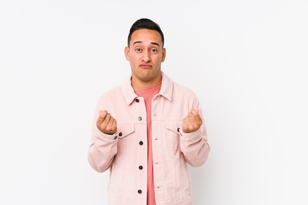 Young latin man posing isolated showing that she has no money.