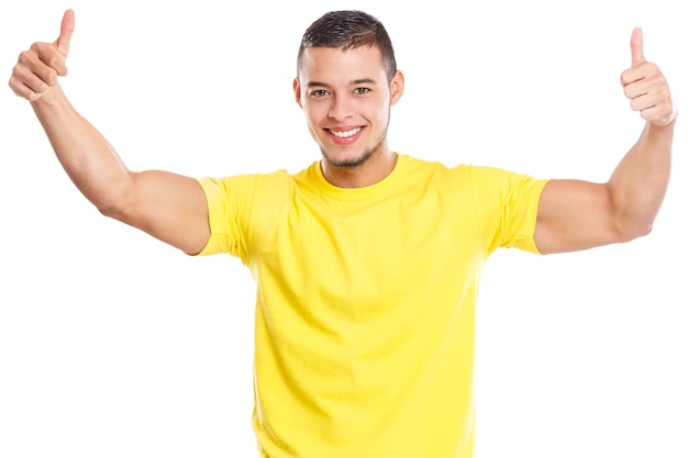 Young latin man success successful smiling happy thumbs up people isolated on white