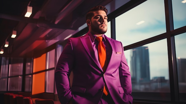 Photo young latin plussized man ceo wearing a colorful suit in an office looking at the horizon