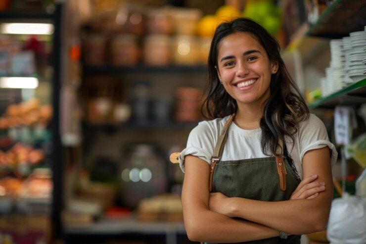 Photo young latin shopkeeper girl with arms crossed smiling happy