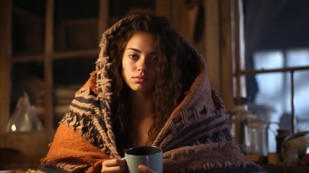 Фото Молодая латиноамериканка, покрытая одеялом, пьет чай перед камином.