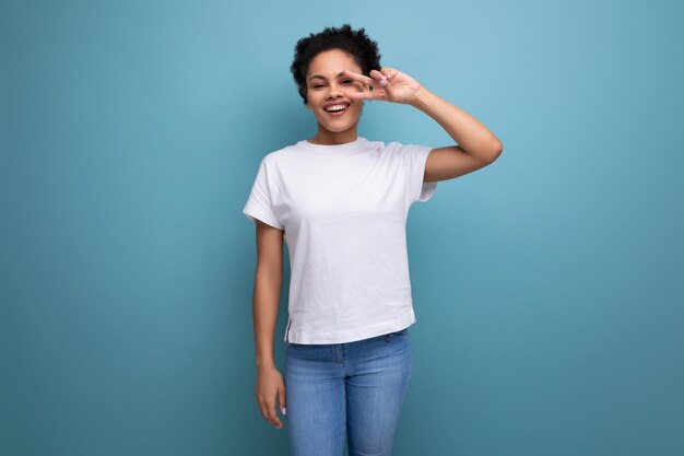 Young latin woman dressed in white tshirt with print mockup